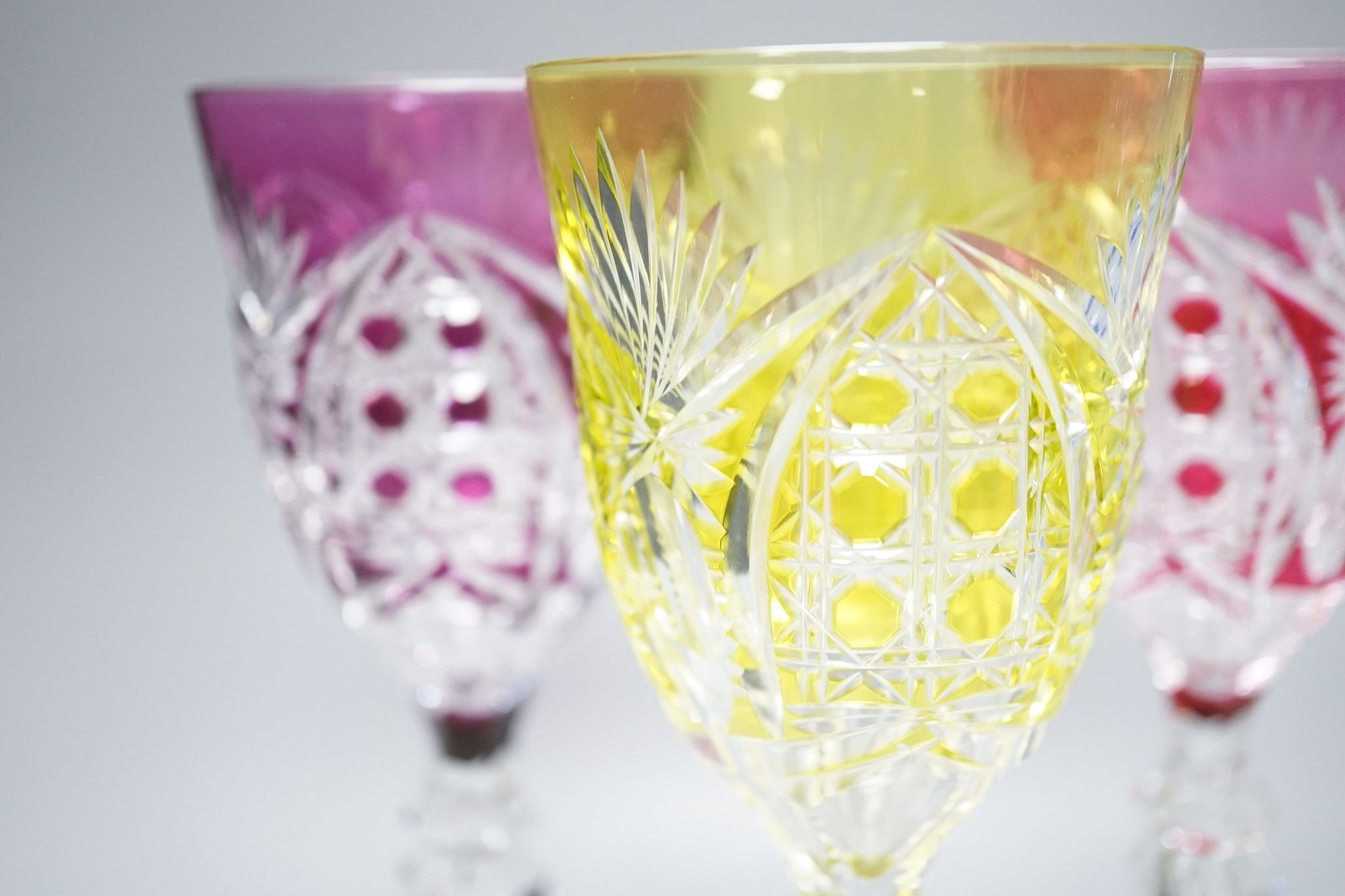 A harlequin set of 6 Val St Lambert colour flashed hock glasses, engraved marks, 21 cm high